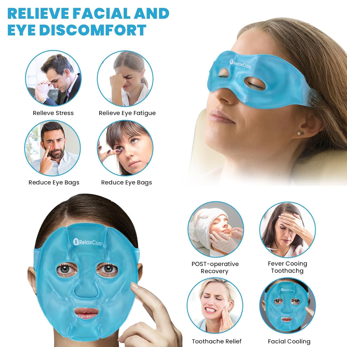 Ice Face Eye Mask for Dark Circles and Puffiness Cold Warm Compress, Gel Cold Cooling Face Mask Package for Women and Men, Migraines, Headache, Stress and Relaxation blue