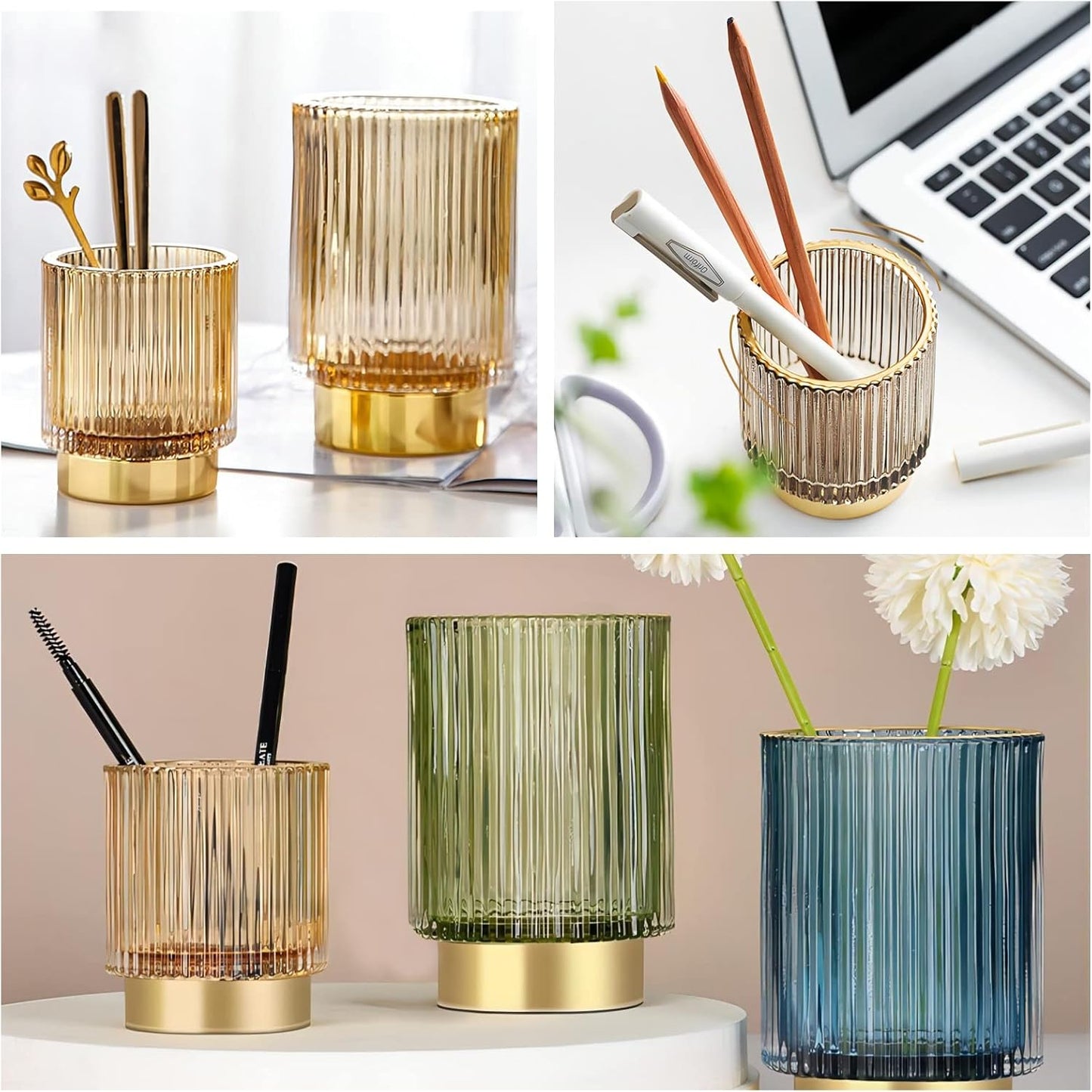 DASITON Makeup Brush holder Organizer,Crystal Cosmetic Makeup Brush Glass Brushes Storage Holder, Vintage Make Up Brush Cup Pen Pencil Holder striped vase(Coffee L)