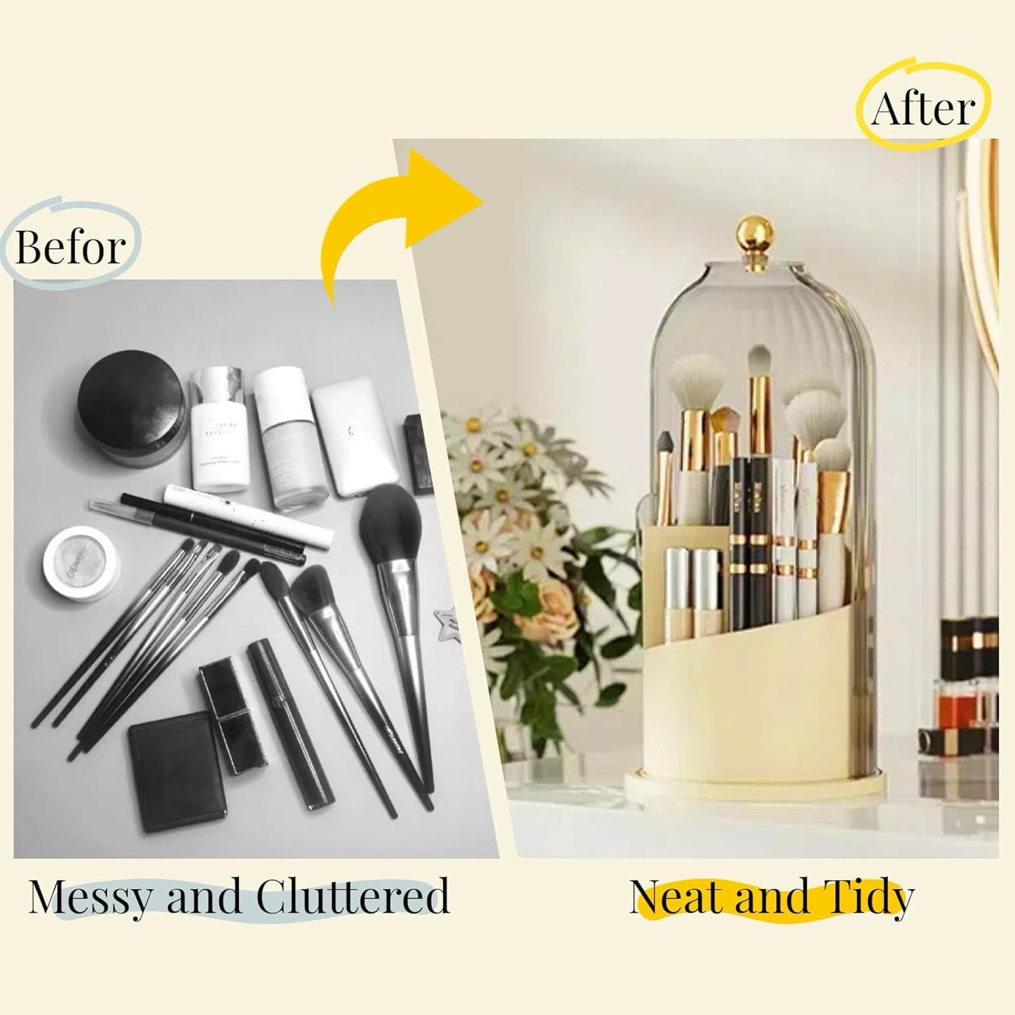 B-H1 Makeup Brush Holder with Dustproof Cover 360 Rotating Makeup Brushes Organizer for Vanity Desktop Bathroom (Transparent)