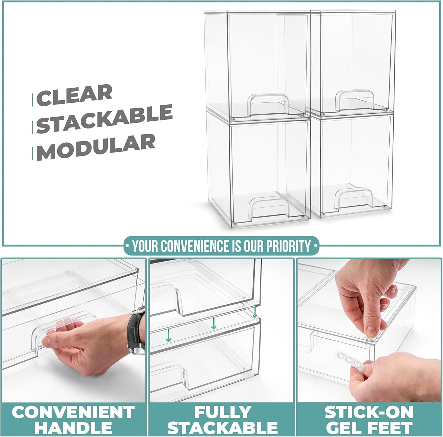 Sorbus Acrylic Storage Containers - 4 Pack, Stackable Storage Bins Set for Bathroom Organization - Clear Acrylic Drawer Organizers - Makeup Case Pull-Out Drawers (7.6’’ Tall)