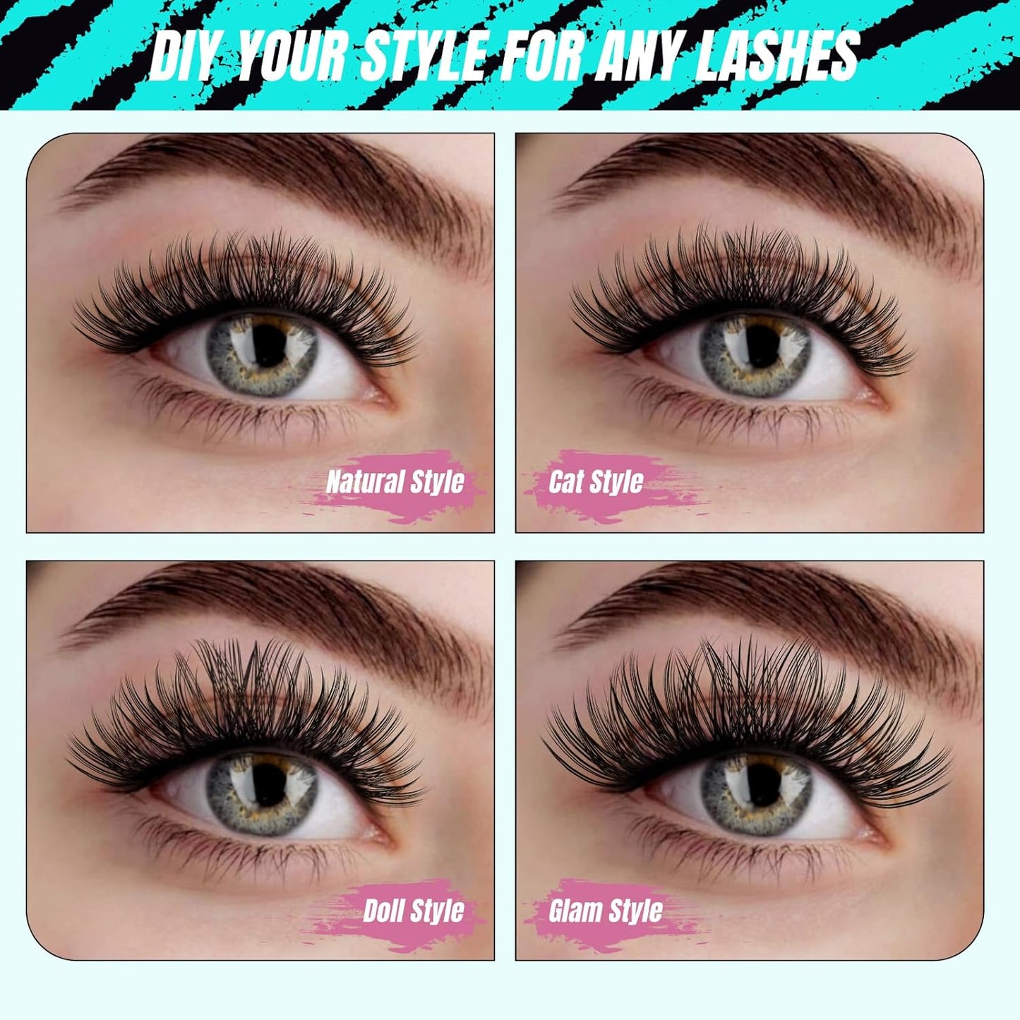 AMZGIRL LASH Midnight DIY Lash Extension Kit, 144 pcs Eyelash Clusters Kit Lash Bond and Seal, Lash Glue Remover and Applicator for Individual False Eyelashes Kit Lash Extensions(D-Mix 8-16mm Kit)