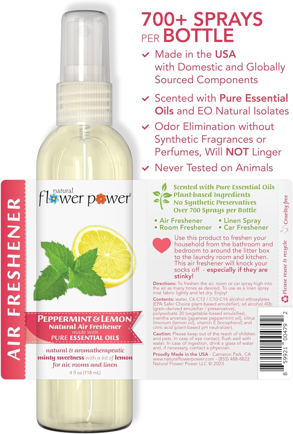 Air Freshener Spray - Odor Eliminator with Essential Oils for the Home, Car & Fabric - Cruelty Free & Vegan - Peppermint & Lemon - 2 x 4 oz