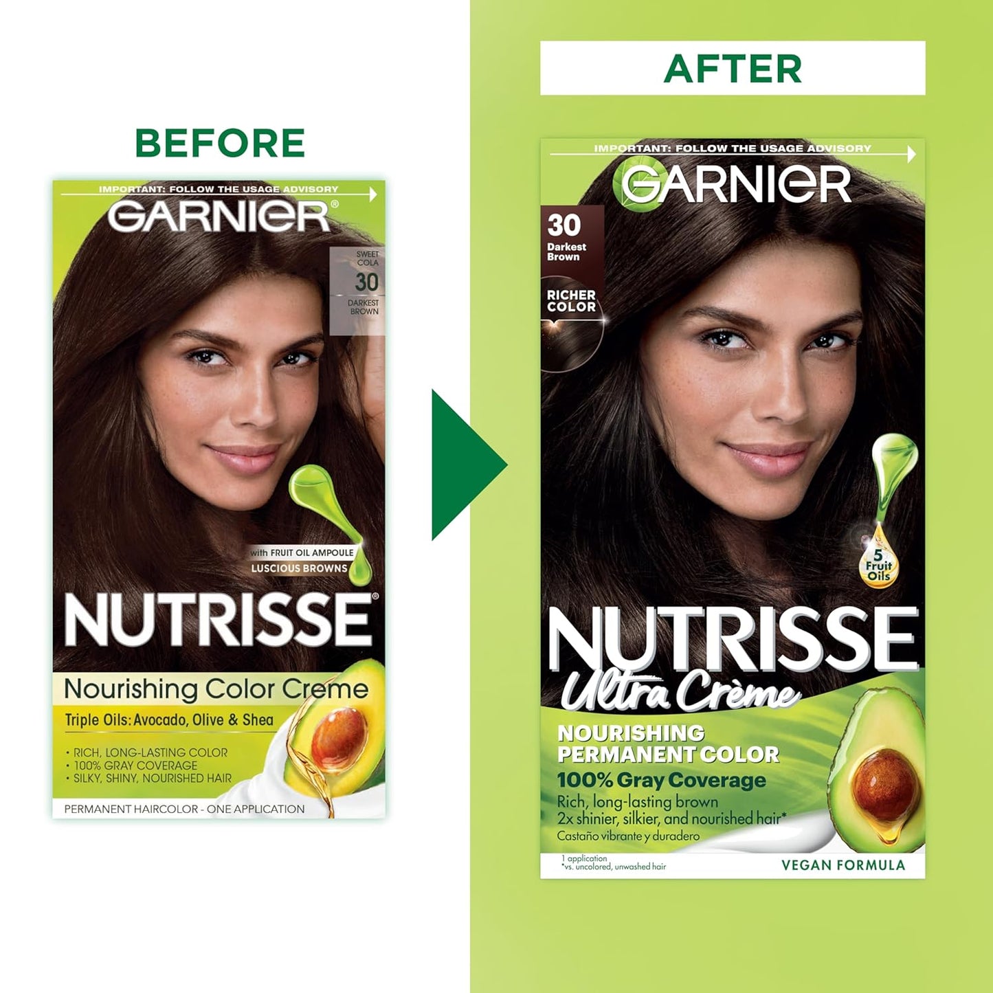 Garnier Hair Color Nutrisse Nourishing Creme, 30 Darkest Brown (Sweet Cola) Permanent Hair Dye, 2 Count (Packaging May Vary)