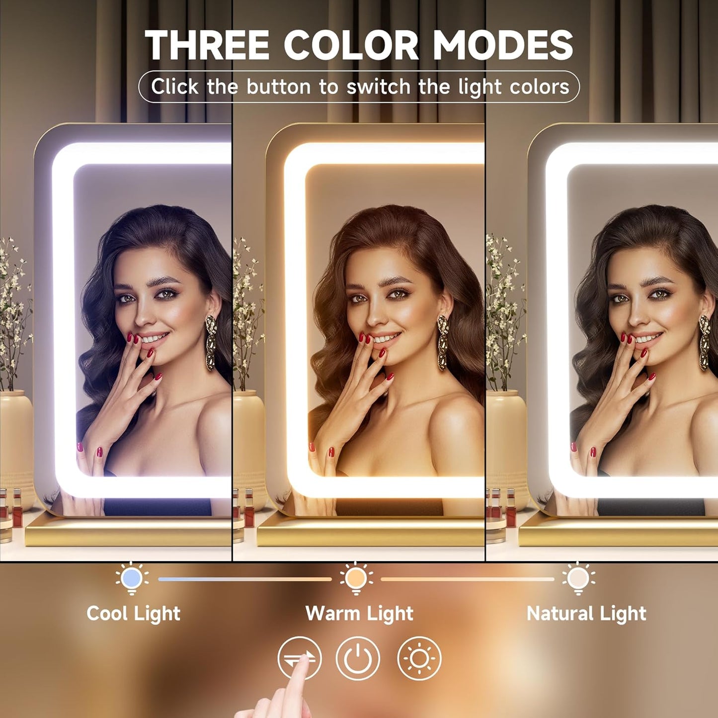 Hasipu Vanity Mirror with Lights, 22.8" x 18" LED Makeup Mirror, Lighted Makeup Mirror with Dimmable 3 Modes, Touch Screen Control Vanity Mirror Round Gold