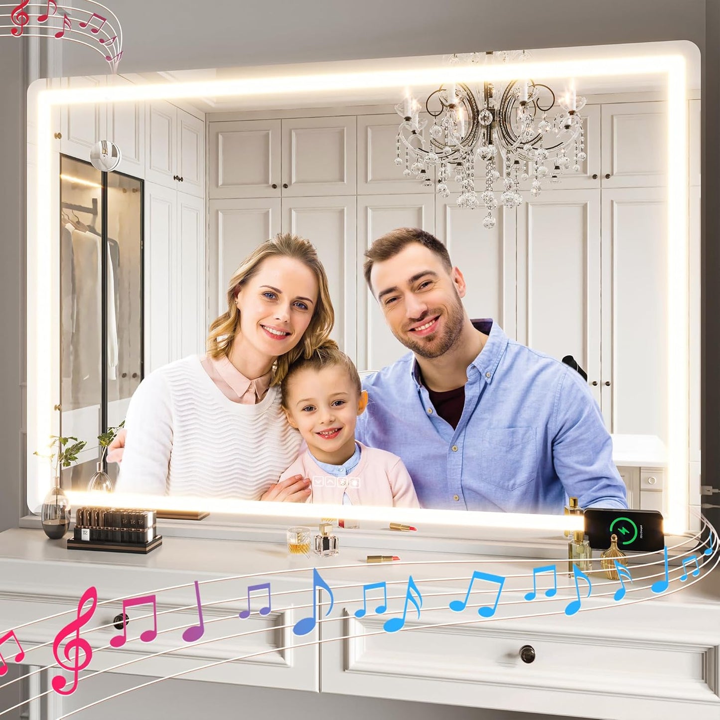 Hasipu Vanity Mirror with Lights and Bluetooth Speaker, 50.2" x 33.9" LED Makeup Mirror, Lighted Makeup Mirror with Dimmable 3 Modes, Touch Screen Control Vanity Mirror Round White