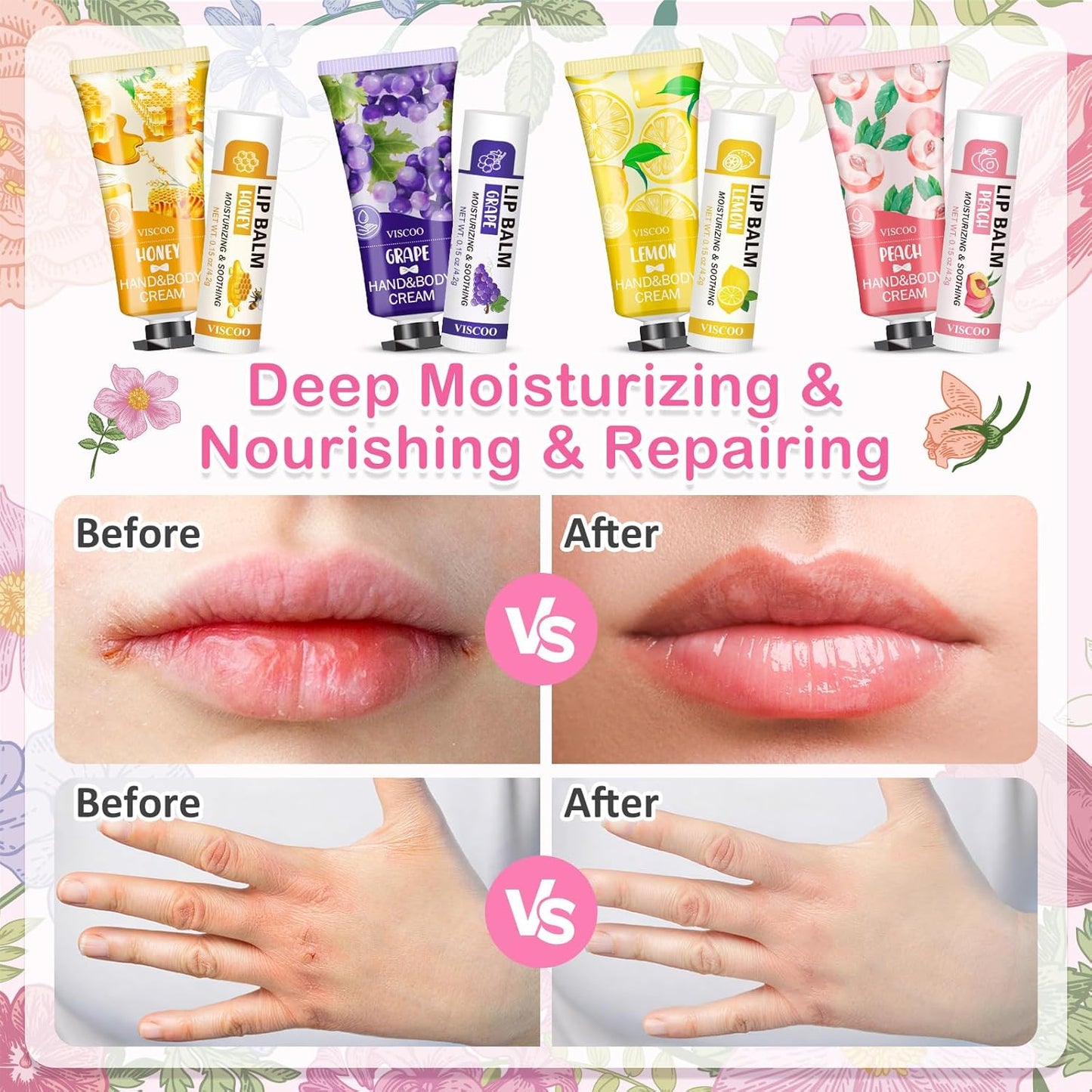 8 Pack / 4 Sets Lip Balm and Hand Cream Gifts for Women, Bridal Shower Gifts, Bridal Wedding Favors for Guests, Baby Shower Gifts for Guests, Thank You Gifts, Party Favors, Birthday Gifts