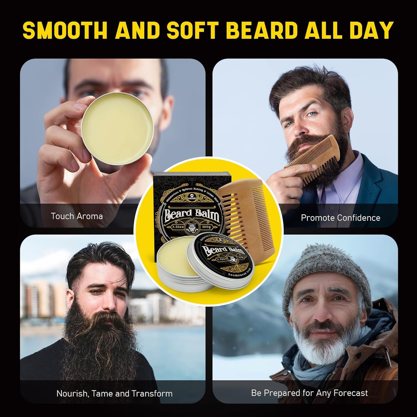 MEKER Beard Balm, Beard Softening Leave-in Balm with Brush, All-Natural Anti-Itch, Organic Beard Conditioner for Softening, Stops Itch, Grows, 3.52 OZ