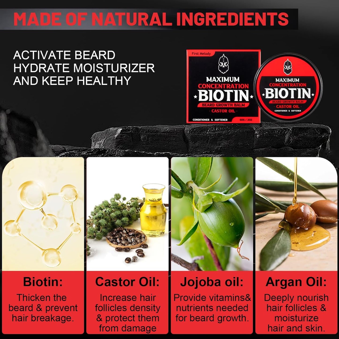 Beard Balm, Maximum Concentration Biotin, with Castor Oil and Argan & Jojoba Oils, Promotes Beard Growth, Styles, Strengthens & Softens Beards & Mustaches, 2 Ounce,Unscented