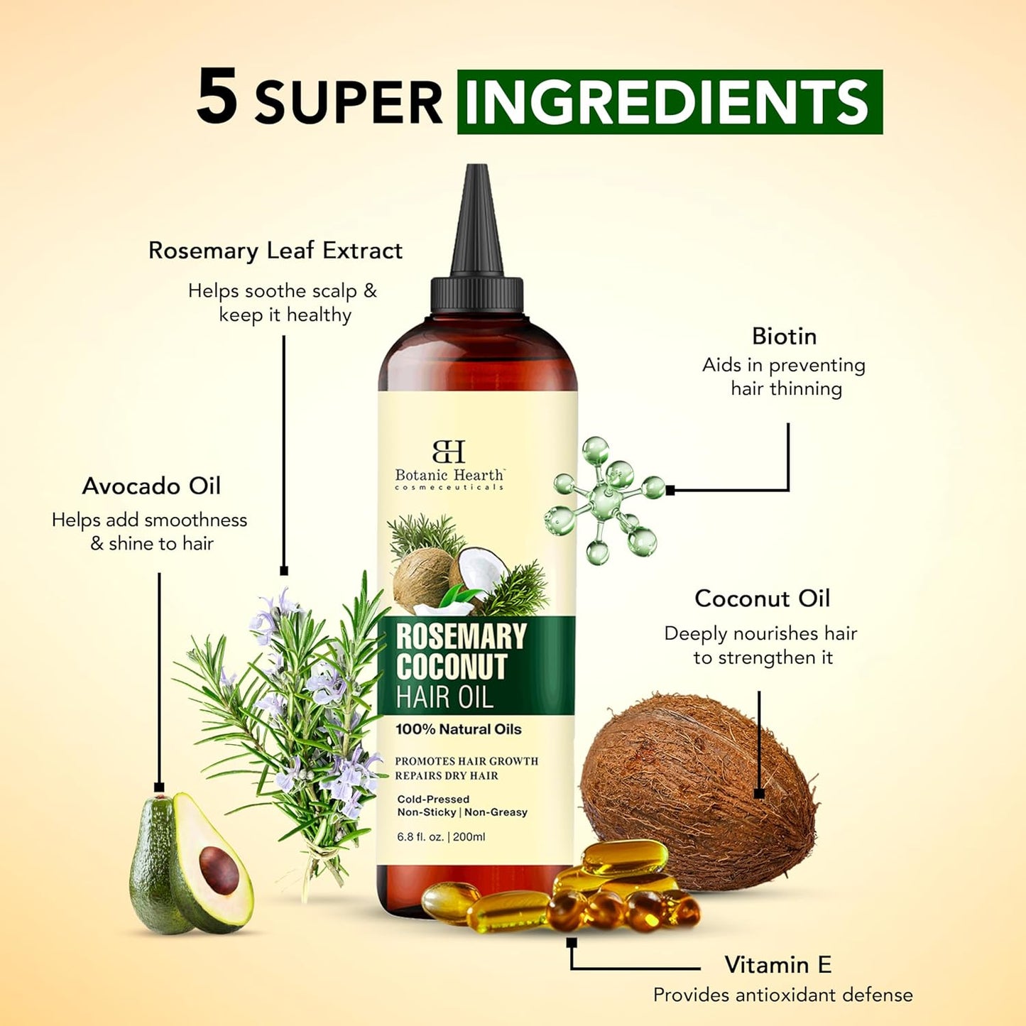 Botanic Hearth 100% Pure Rosemary, Coconut & Avocado Oil For Hair Growth (6.7 fl oz) Infused Rosemary, Coconut, Biotin|Hair Oil Repairs Dry Damaged Hair, Strengthening, Healthier Hair- Hair Tonic