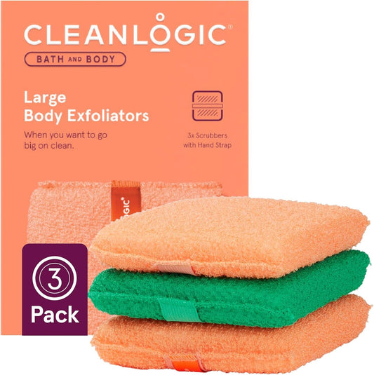 Cleanlogic Bath and Body Exfoliating Body Scrubber, Large Exfoliator Tool for Smooth and Softer Skin, Daily Skincare Routine, Assorted Colors, 3 Count Value Pack