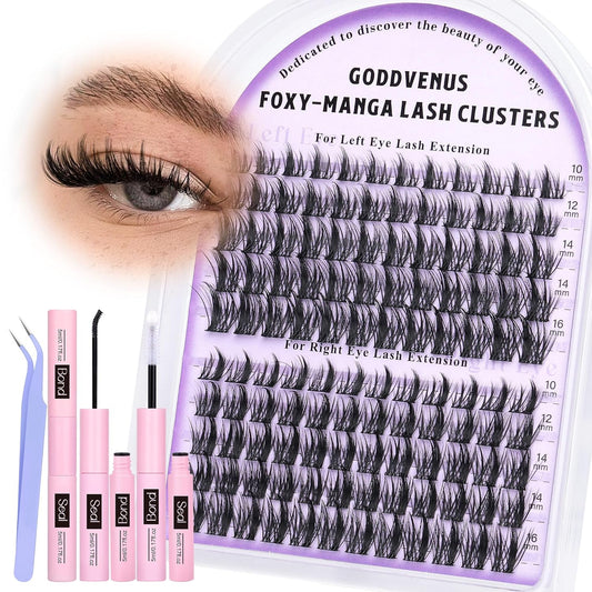 Manga Lash Cluster Kit Wispy Lashes Clusters Fluffy Eyelash Clusters Upturned Foxy Cluster Eyelash Extensions Kit D Curl Fairy Eyelash Extension Kit 10-16mm Individual Lashes Kit